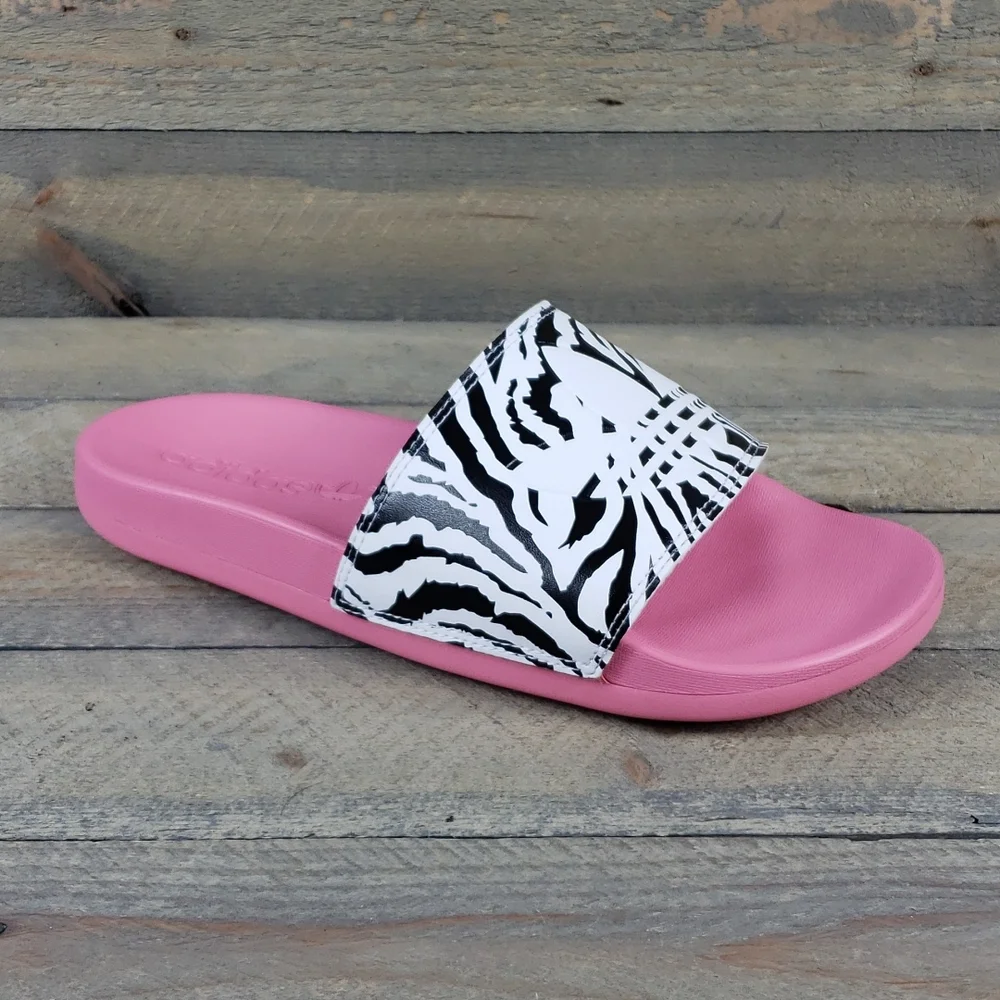 adidas Women's Adilette Comfort Slide Sandals Rose Tone Black/White Zebra Print